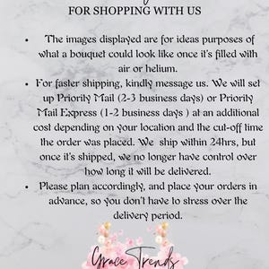 K&ouml;nnte beinhalten: Wei&szlig;er Hintergrund mit dem Text "Thank you FOR SHOPPING WITH US." Zus&auml;tzlicher Text beschreibt Blumenstrau&szlig;-Ideen, Versandoptionen und Bestellplanung. Das Logo Grace Trends ATELIER befindet sich unten.