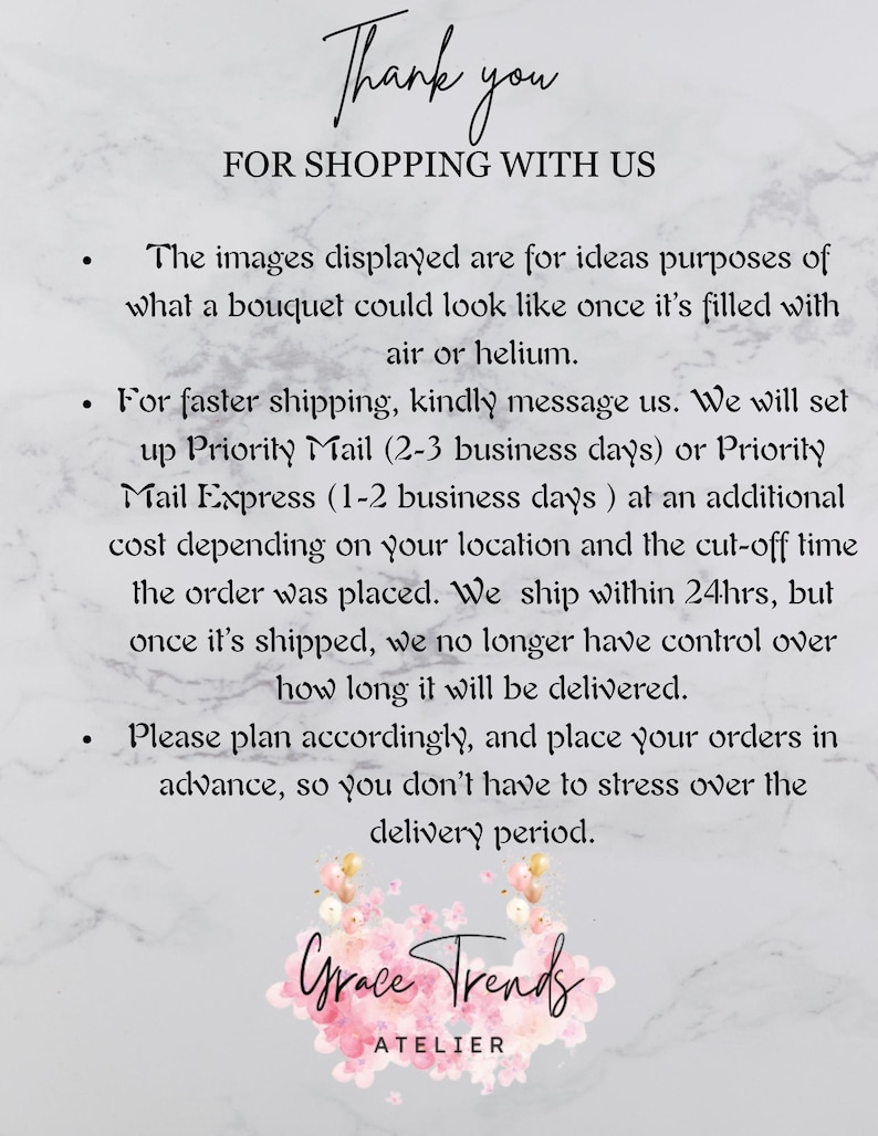 K&ouml;nnte beinhalten: Wei&szlig;er Hintergrund mit dem Text "Thank you FOR SHOPPING WITH US." Zus&auml;tzlicher Text beschreibt Blumenstrau&szlig;-Ideen, Versandoptionen und Bestellplanung. Das Logo Grace Trends ATELIER befindet sich unten.