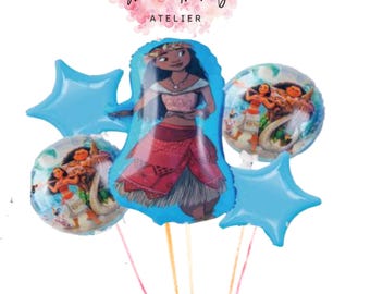 Moana & Maui Balloon Bouquet, 5pc Tropical Birthday Party
