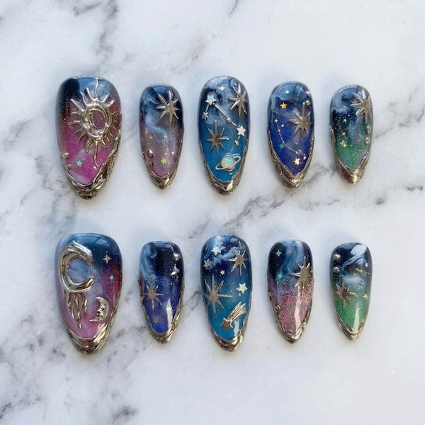 Handmade Galaxy Celestial Press On Nails 3D Silver Sun Moon Fake Nails Glue On