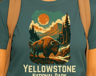 Yellowstone National Park Shirt, Bison Moon Tee, Vintage Night Landscape Graphic