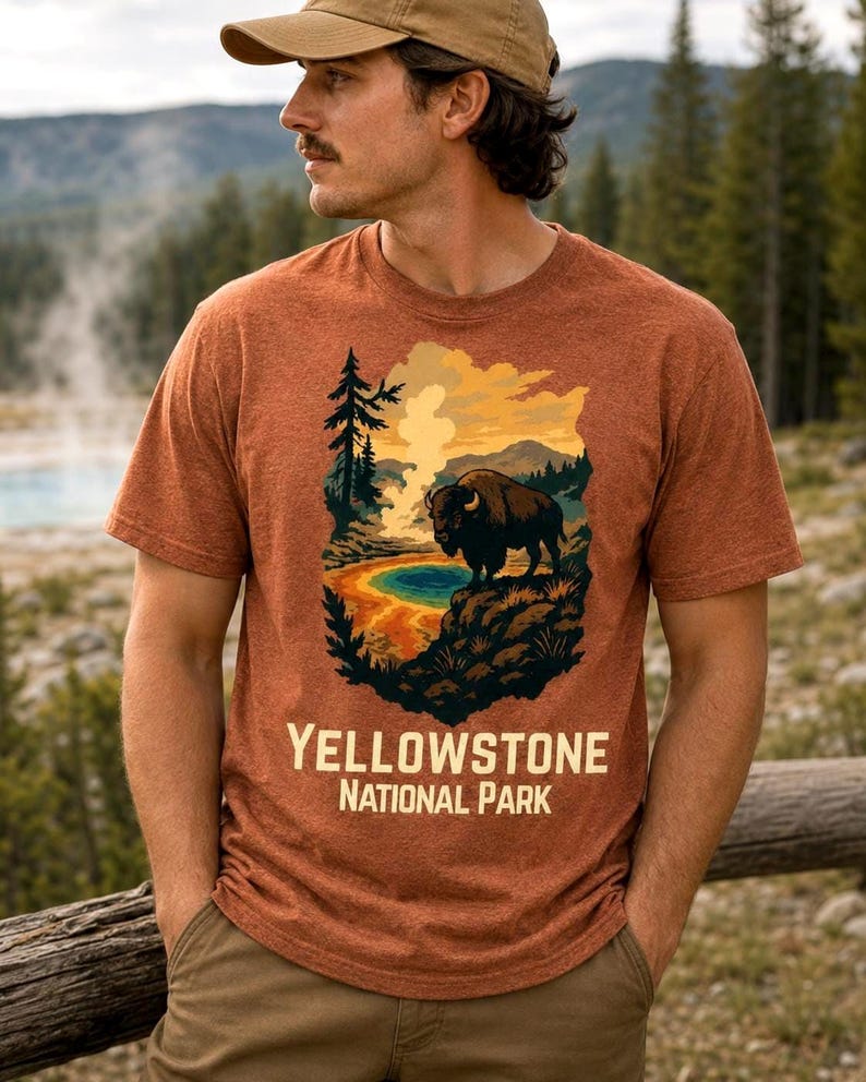May include: A heathered rust-orange short-sleeve t-shirt featuring a graphic illustration of a bison standing near a colorful geothermal pool and geyser, with the text YELLOWSTONE NATIONAL PARK printed in a bold, light-colored sans-serif font.