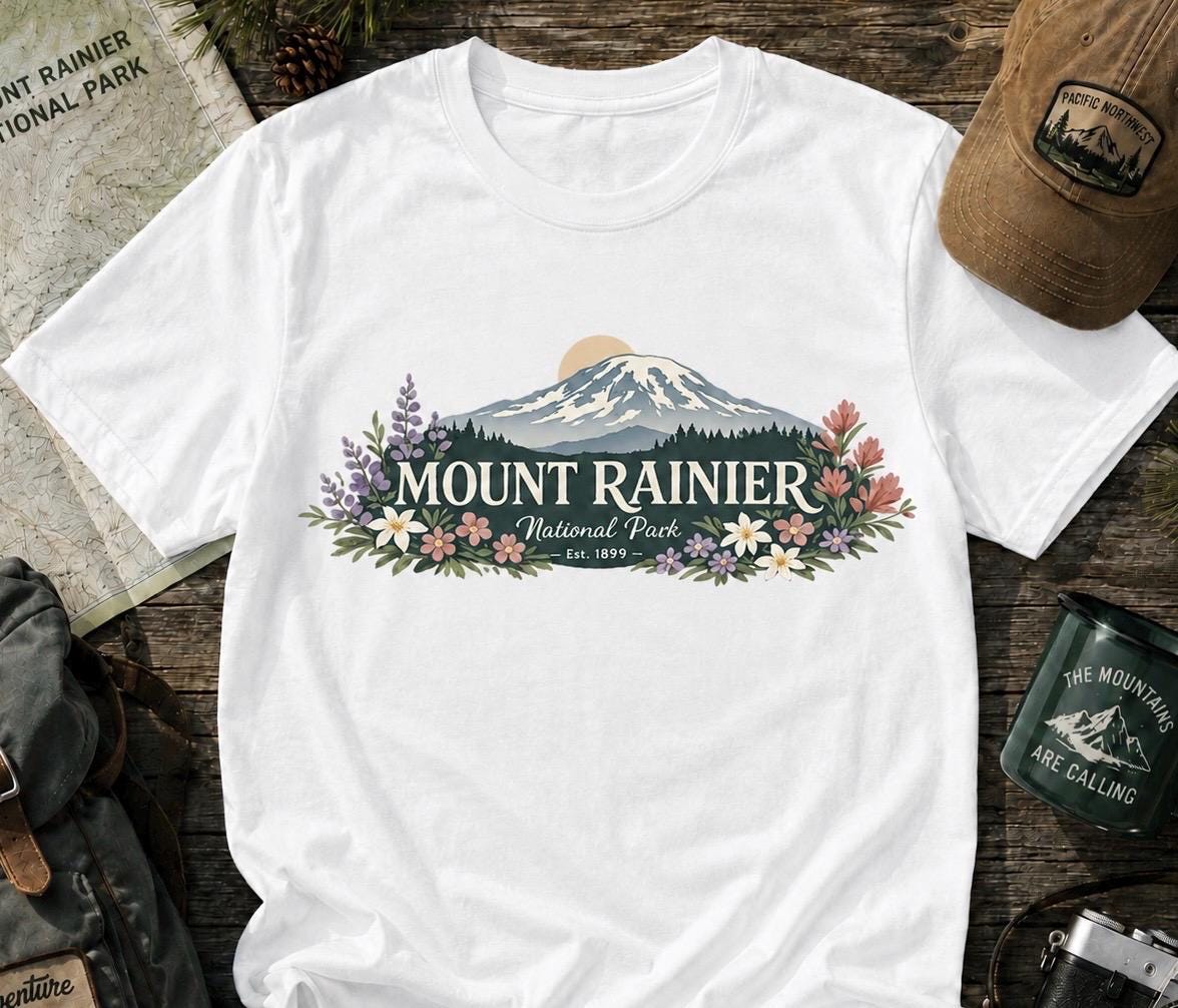 Mount Rainier National Park shirt with wildflower mountain artwork