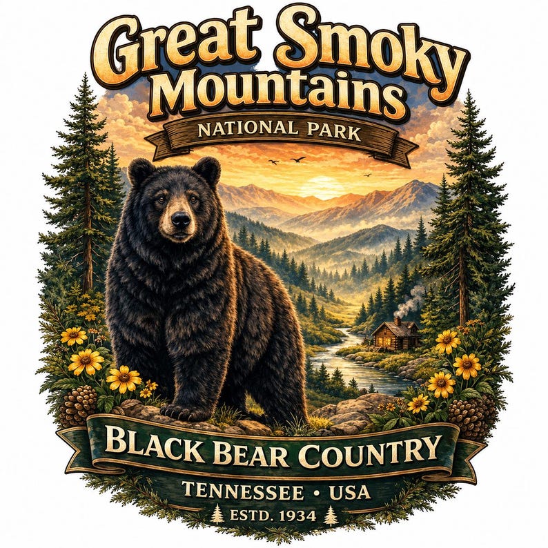 May include: A graphic illustration featuring a black bear standing in a forest landscape with mountains, a river, and a cabin. Text reads Great Smoky Mountains National Park, Black Bear Country, Tennessee USA, and Estd. 1934, framed by pine trees and flowers.