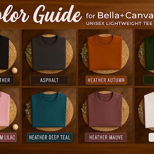 May include: A color guide for Bella+Canvas 3001 unisex lightweight tees featuring eight folded shirts in black heather, asphalt, heather autumn, forest, heather prism lilac, heather deep teal, heather mauve, and white, each labeled with its color name.