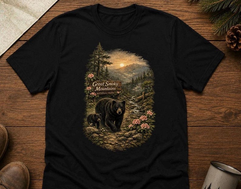 May include: A black short-sleeve t-shirt featuring a graphic print of a black bear and a cub walking on a rocky path in the Great Smoky Mountains National Park, with a sunset, pine trees, and pink flowers surrounding the scene.