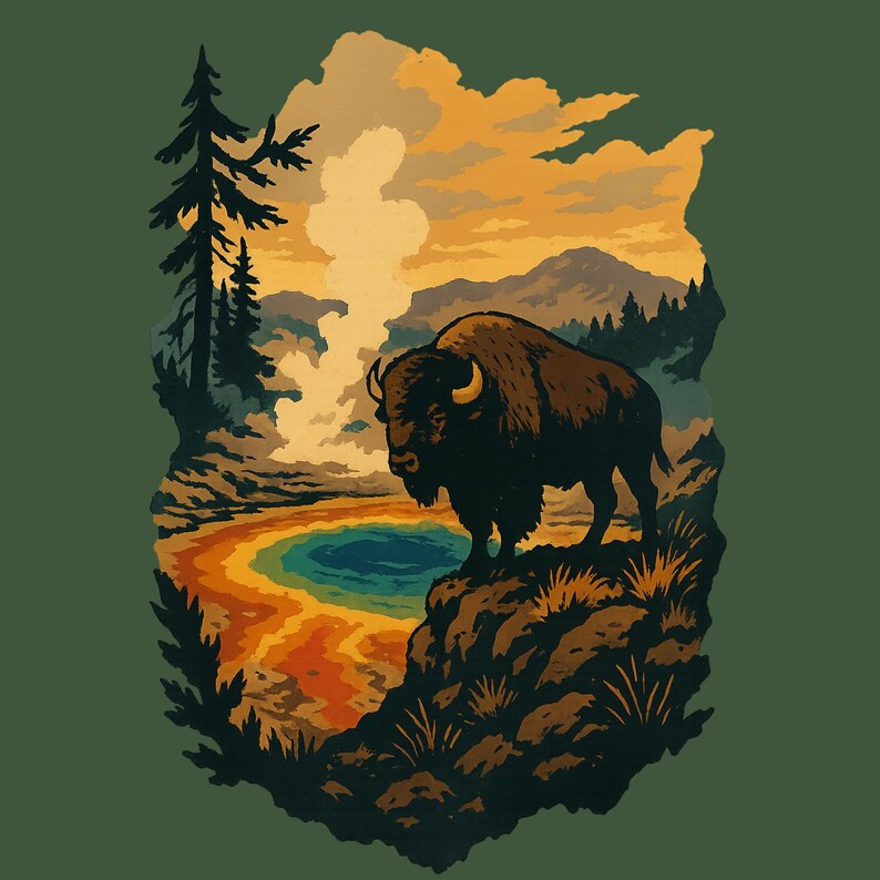 May include: A graphic illustration on a dark green background featuring a brown bison standing on a rocky cliff overlooking a geothermal pool with orange, yellow, and blue rings. A tall pine tree stands to the left, and a geyser erupts in the distance.