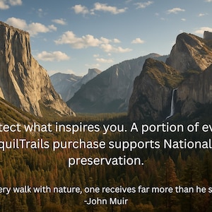 May include: A landscape photograph of Yosemite Valley featuring granite cliffs, a waterfall, and a pine forest. Text overlay reads: Protect what inspires you. A portion of every TranquilTrails purchase supports National Park preservation. In every walk with nature, one receives far more than he seeks. -John Muir