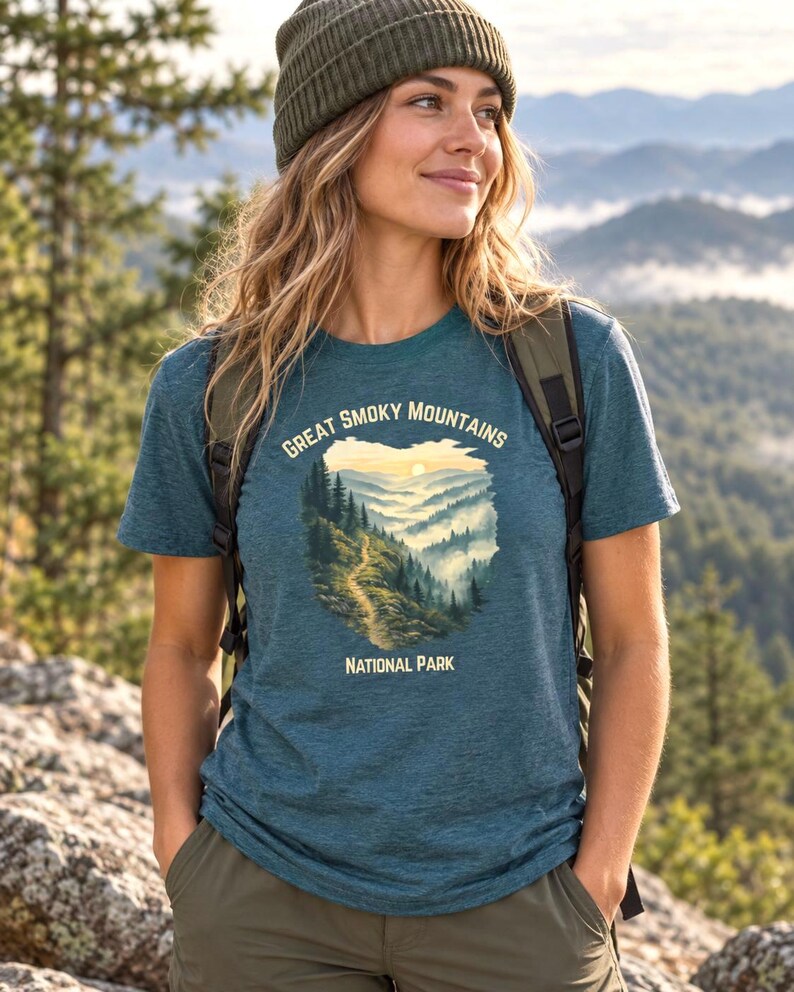 Smoky Mountains National Park Shirt, Forest Sunset Vintage Hiking Tee image 1