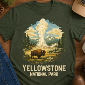 May include: A dark olive green short-sleeve t-shirt featuring a graphic illustration of a bison standing in a landscape with a geyser erupting, mountains, and trees. The text below the graphic reads YELLOWSTONE NATIONAL PARK in cream letters.