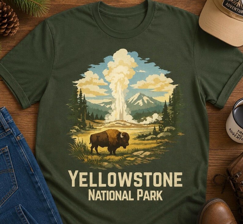 May include: A dark olive green short-sleeve t-shirt featuring a graphic illustration of a bison standing in a landscape with a geyser erupting, mountains, and trees. The text below the graphic reads YELLOWSTONE NATIONAL PARK in cream letters.