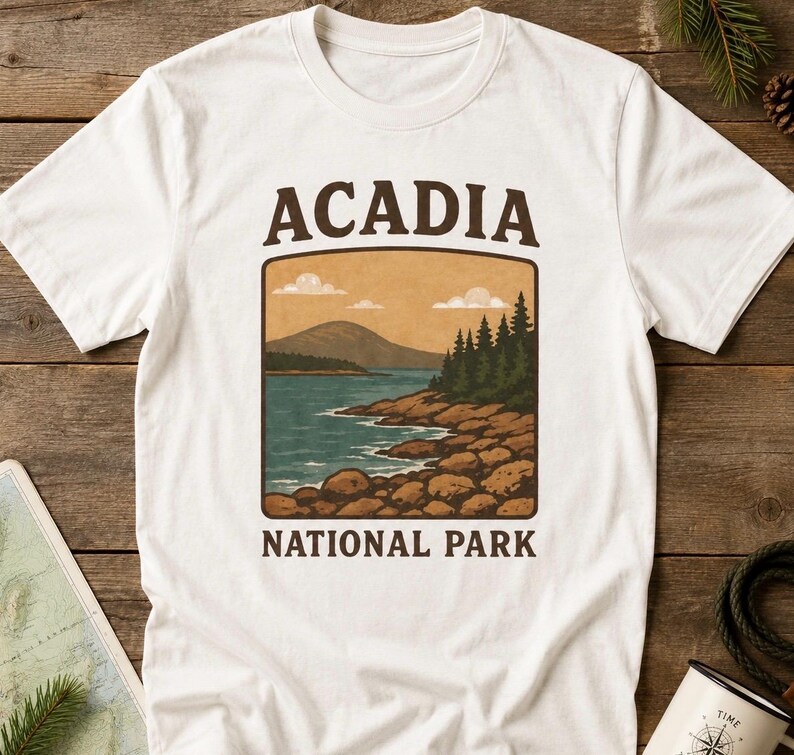 May include: A white short-sleeve t-shirt featuring a graphic print of a coastal landscape with mountains, pine trees, and a rocky shoreline. The text ACADIA is printed above the image and NATIONAL PARK is printed below in dark brown lettering.