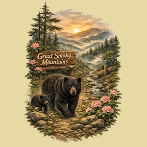 May include: A graphic illustration of a black bear and a cub walking on a rocky path in the Great Smoky Mountains National Park. The scene features a wooden park sign, pine trees, pink rhododendron flowers, a stream, and distant mountains.