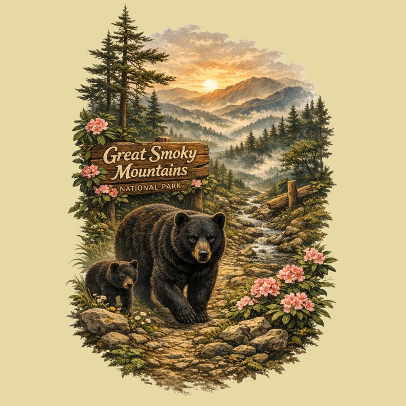 May include: A graphic illustration of a black bear and a cub walking on a rocky path in the Great Smoky Mountains National Park. The scene features a wooden park sign, pine trees, pink rhododendron flowers, a stream, and distant mountains.