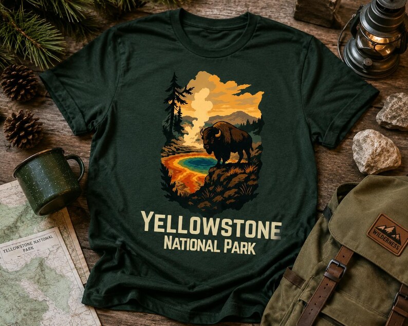 May include: A dark green short-sleeve t-shirt featuring a graphic illustration of a bison standing on a rocky cliff overlooking a colorful geothermal pool and geyser, with the text YELLOWSTONE NATIONAL PARK printed in a bold, light-colored font below.