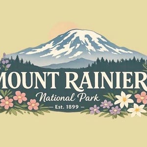 May include: A graphic illustration of Mount Rainier with a snow-capped peak, a dark green forest, and colorful wildflowers. The text reads MOUNT RAINIER National Park Est. 1899 in white and dark blue lettering against a pale yellow background.