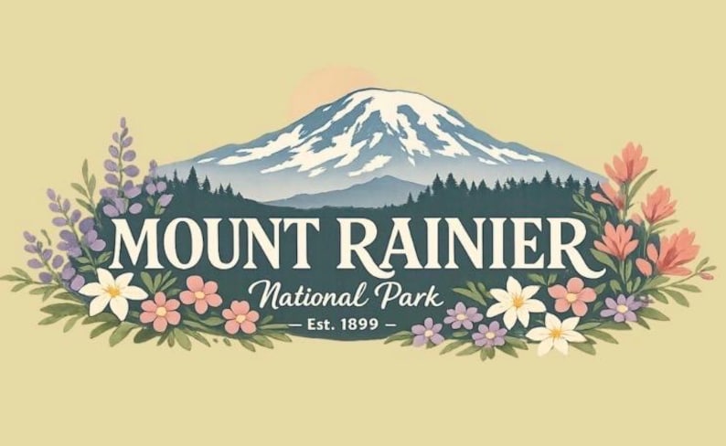 May include: A graphic illustration of Mount Rainier with a snow-capped peak, a dark green forest, and colorful wildflowers. The text reads MOUNT RAINIER National Park Est. 1899 in white and dark blue lettering against a pale yellow background.