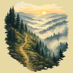 May include: A digital illustration of a mountain landscape at sunrise. A narrow dirt path winds along a rocky, tree-covered ridge. Tall pine trees stand on the left, while a valley filled with thick white fog and distant mountains appears below.