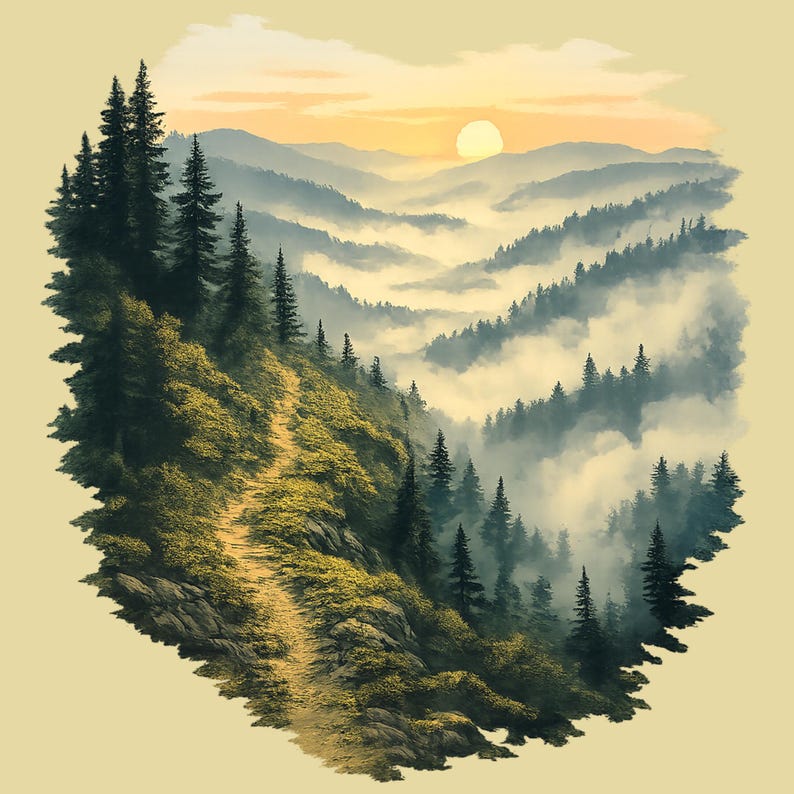 May include: A digital illustration of a mountain landscape at sunrise. A narrow dirt path winds along a rocky, tree-covered ridge. Tall pine trees stand on the left, while a valley filled with thick white fog and distant mountains appears below.