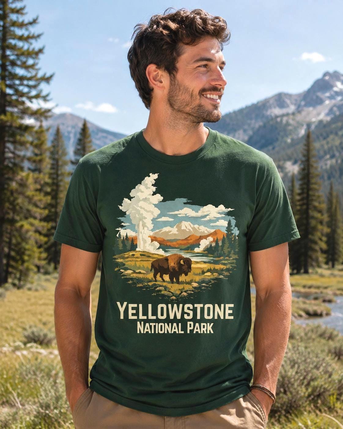 Exact Etsy product photo of the Bison and Old Faithful Yellowstone shirt