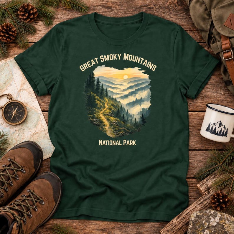 May include: A dark green t-shirt featuring a graphic of the Great Smoky Mountains National Park. The design shows a winding trail through a misty, forested mountain landscape at sunrise, with the text Great Smoky Mountains National Park.