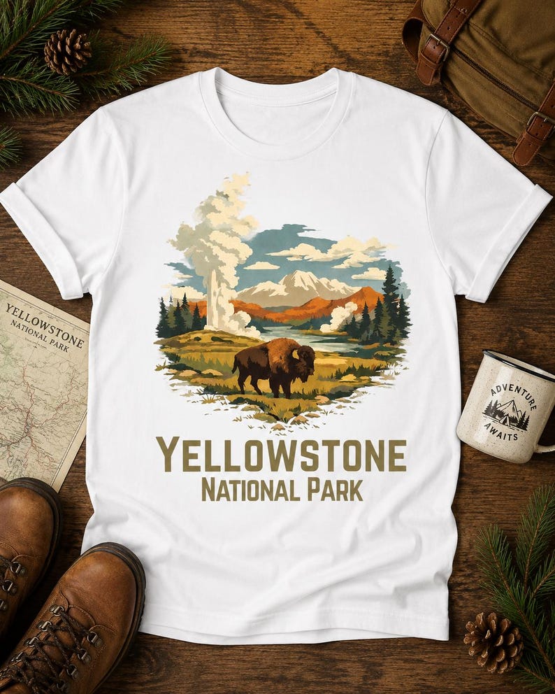 May include: A white short-sleeve t-shirt featuring a graphic illustration of a brown bison standing in a landscape with geysers, mountains, and pine trees. The text "YELLOWSTONE NATIONAL PARK" is printed in brown letters below the illustration.