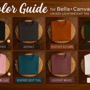 May include: A color guide for Bella+Canvas 3001 unisex lightweight tee featuring eight folded t-shirts in black heather, asphalt, heather autumn, forest, heather prism lilac, heather deep teal, heather mauve, and white, each labeled with its color name.