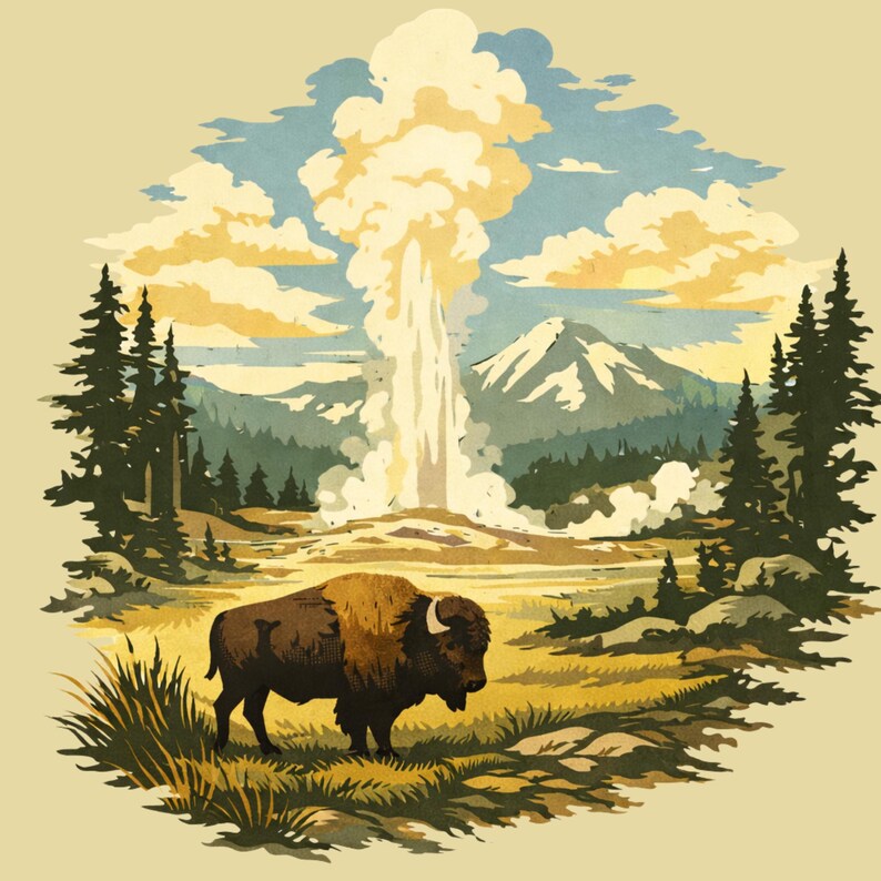 May include: A graphic illustration featuring a brown bison standing in a grassy field in the foreground. In the background, a geyser erupts with a tall plume of white steam against a backdrop of dark green pine trees and a snow-capped mountain.