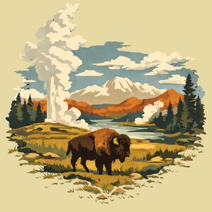 May include: A graphic illustration of a brown bison standing in a grassy field. In the background, a geyser erupts with white steam near a river, surrounded by dark green pine trees and distant snow-capped mountains under a blue sky.