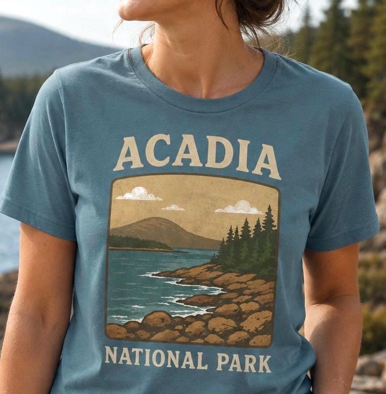 Exact Etsy lifestyle photo of an Acadia rocky shore shirt