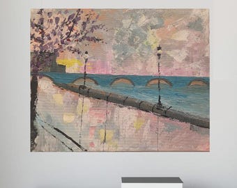 Art mural romantique de Paris River Park, peinture de paysage, ville française, tenture murale, cadeau inspiré du voyage, décoration d'intérieur romantique, 11 x 14 po.