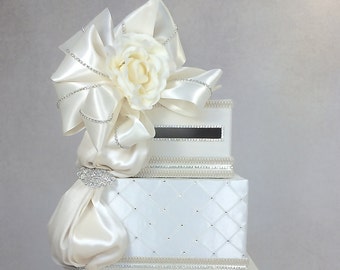 OFF-WHITE Satin Wedding Card Box with Rhinestone Bow & Lock