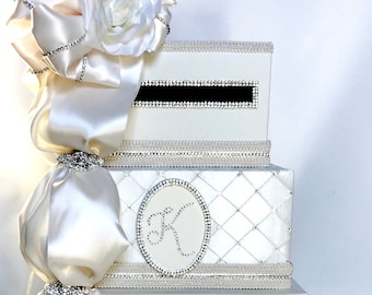 Monogram Personalized Wedding Card Box with Lock Flower Diamond Bow Wedding Card Box Wedding Card with slot Gift Card Box Secured Lock