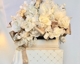 Gold & OFF-WHITE Wedding Card Box with Lock: Rhinestone Keepsake