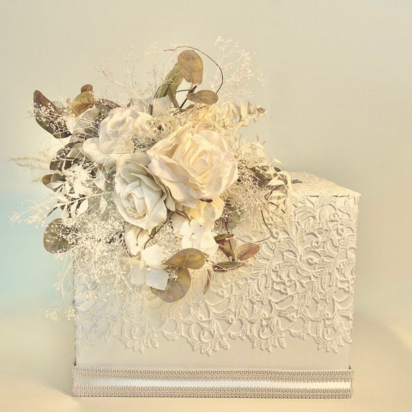 One Tier,  Ivory, Dried Flower Look  Wedding Card Box, with Lock  Holder, Wedding Money Box, Custom Card Box, Handmade, Gift Card Boxes