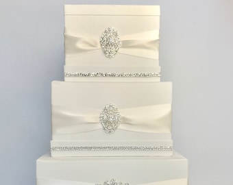 Personalized Ivory Wedding Card Box with Rhinestone Brooches