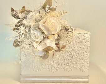 One Tier,  Ivory, Dried Flower Look  Wedding Card Box, with Lock  Holder, Wedding Money Box, Custom Card Box, Handmade, Gift Card Boxes