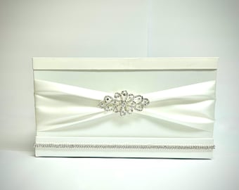 Handmade Off-White One Tier Matte Satin Wedding Card Box Rhinestone Brooch