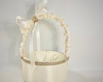 Elegant Ivory Satin Flower Girl Basket with Rhinestones