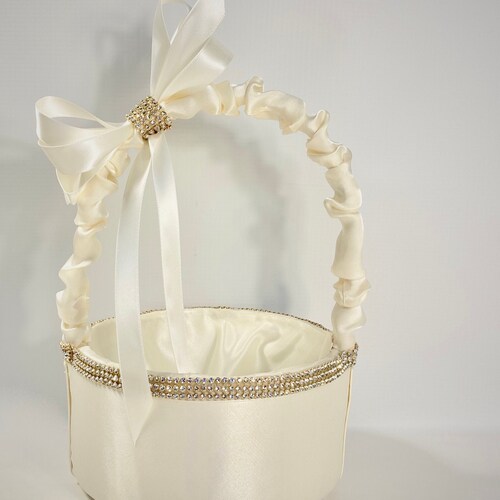 Ivory Flower Girl Basket with Pearls & Rhinestones – Elegant Wedding Flower Basket