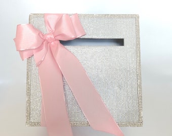 Bling, Pink, Sparkley,  Wedding Card Box with Lock, White, Silver, Wedding Card holder, Memory Box, Small Party, Personalize, Modern Design