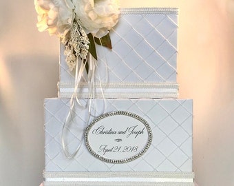 Personalized Wedding Card Box with Lock: OFF-WHITE  Peony Rhinestone Keepsake
