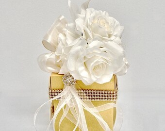 3" Cube Pre-wrapped Gift Box in Gold and Ivory Rhinestones Roses Ivory Ribbon All Occasion Gift Box