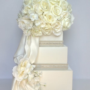 Wedding Card Box with Loc , Modern Square Wedding Card Box, Ivory Wedding Card Box with Lock, Ivory Roses and Orchids, Rhinestone Ribbon