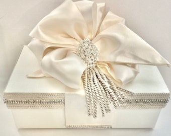 Handmade Ivory Fabric Gift Box: Rhinestone Brooch, Tassel Bow