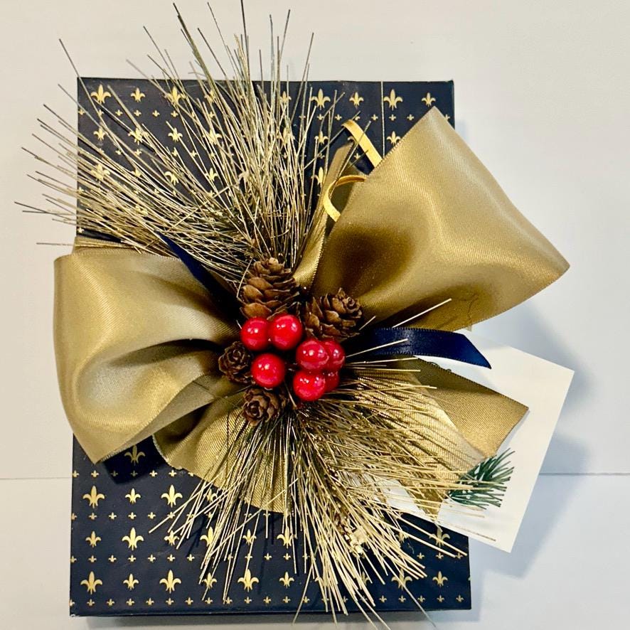 Navy Blue Filigree  and Gold  Plaid Christmas Gift Box, Wrapped Gift Box, Re-Useable Gift Box, Green and Red Gift Wrap, Gift Idea, Boy Girl