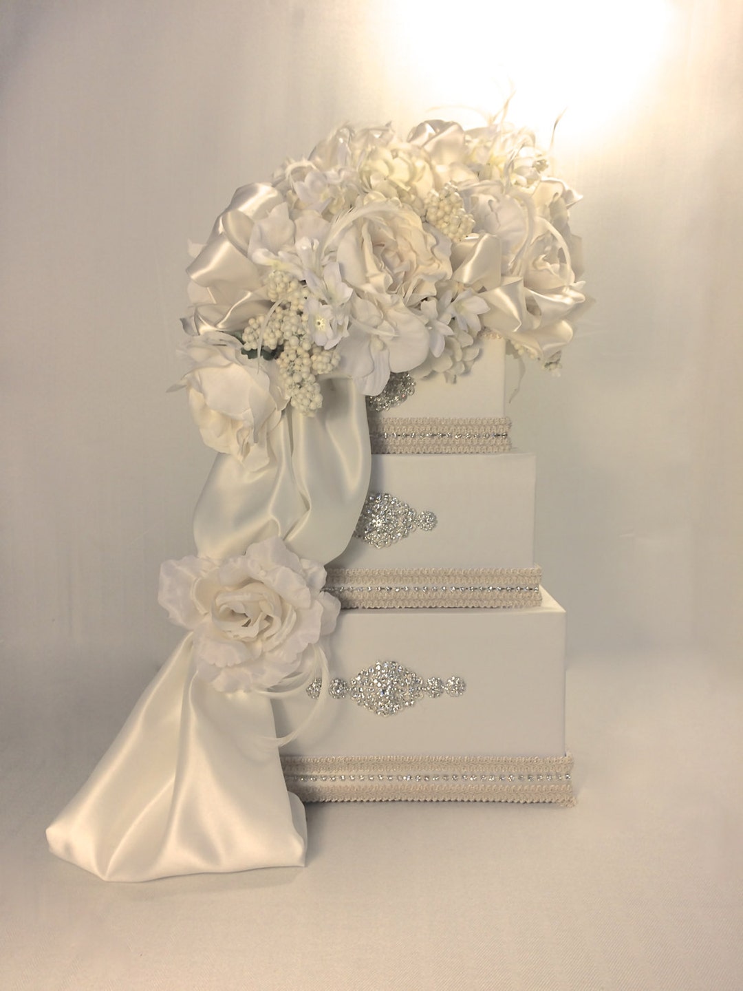 Ivory Satin Wedding Card Box With Lock: Rhinestone & Floral Decor - Etsy