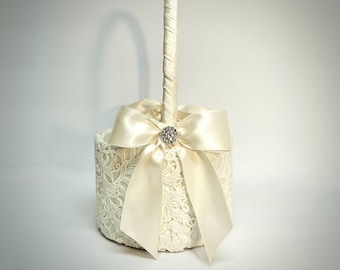 Bows and Lace Handmade Flower Girl Basket: Rhinestone Brooch Accent