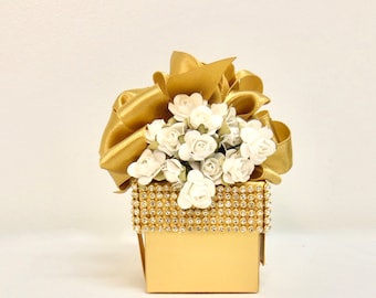 2" Cube Truffle Diamond Ring Pre-wrapped Gift Box in Gold and Ivory Rhinestones Roses Ivory Ribbon All Occasion Gift Box