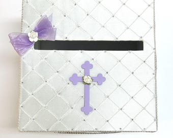 Handmade Lilac Christening Gift Card Box: Pintuck Taffeta Fabric